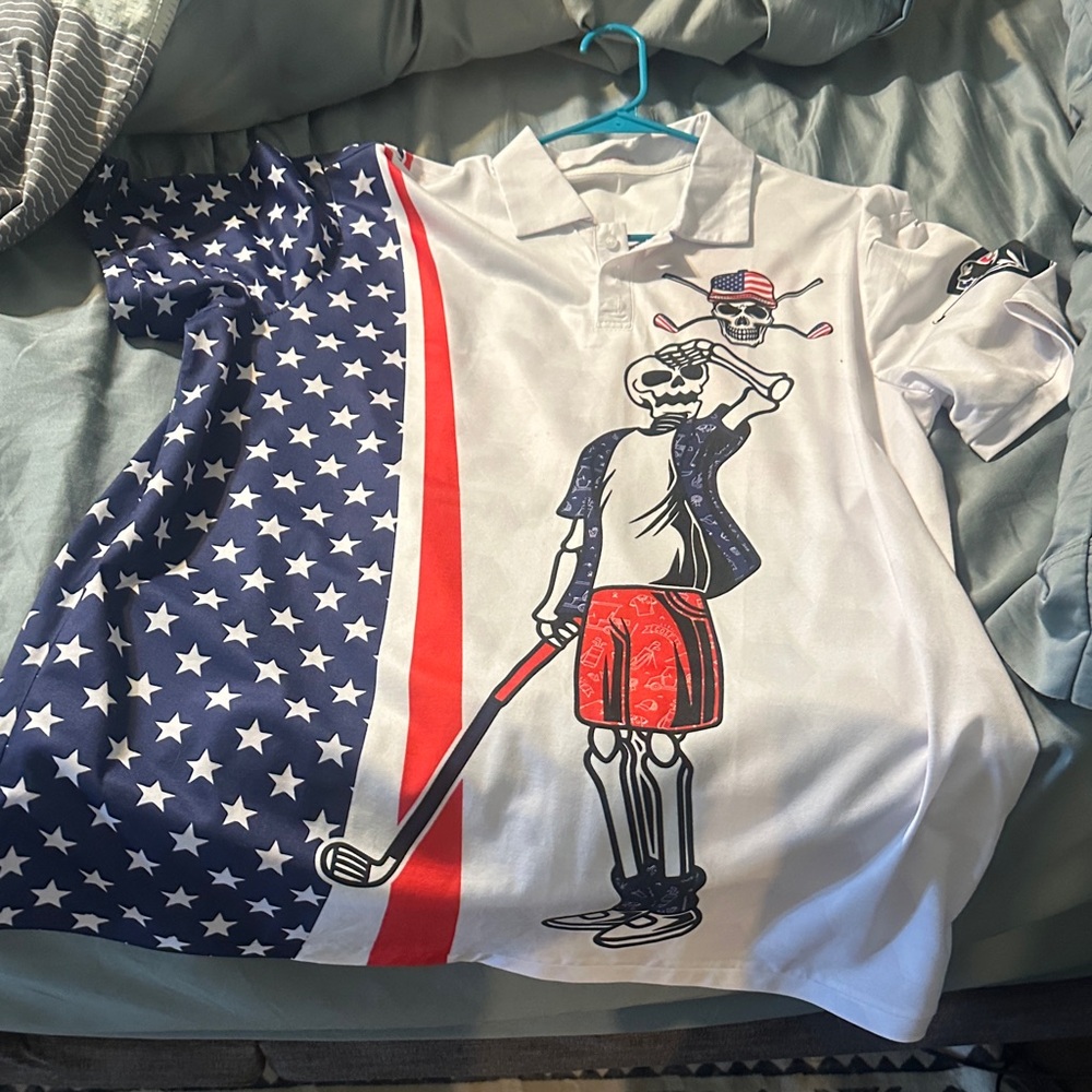 Men’s Patriotic Skeleton Golf Polo Shirt - White / Navy / Red